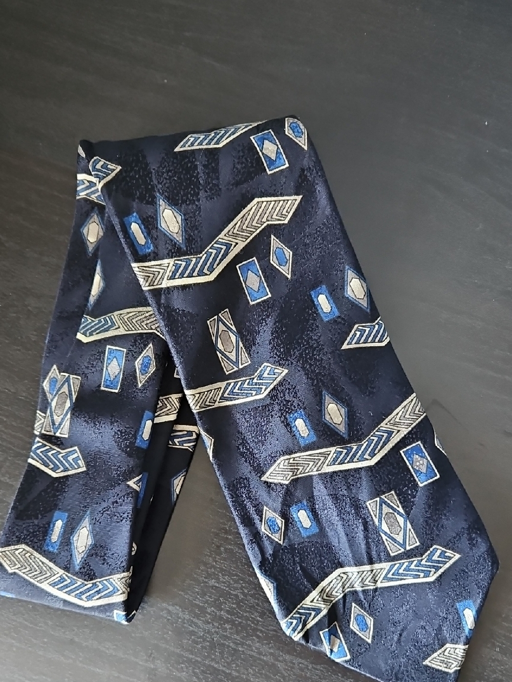 Milano Navy Blue Geometric Silk Tie with Light Blue and Cream Accents